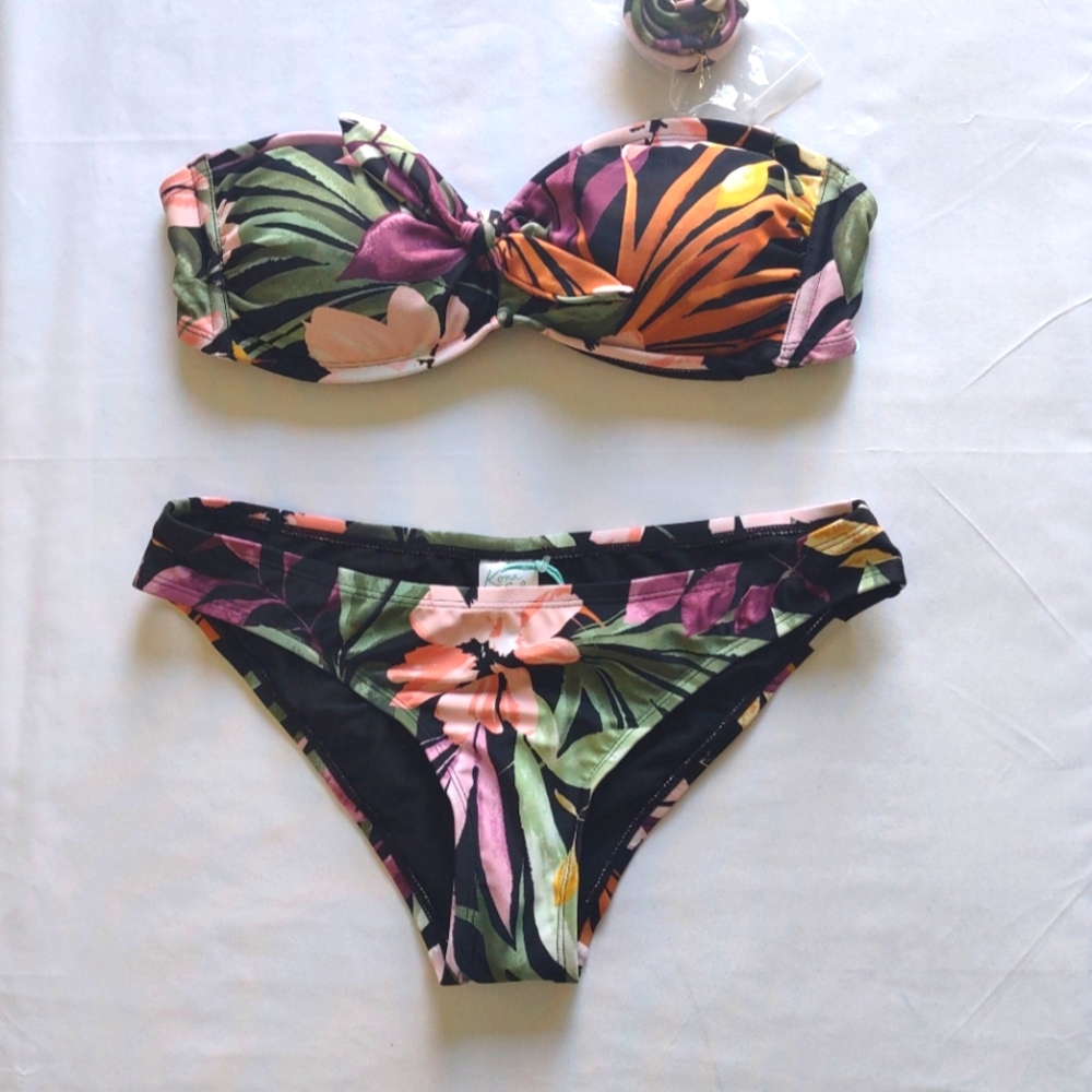 Kona Sol Tropical Floral Bandeau Bikini - Black, Green, Pink, Orange